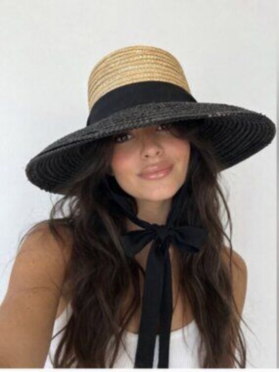 New Wyeth 100% Straw Wide Brim Adjustable Black Ribbon Tie Black/Tan Hat NWT main image 4